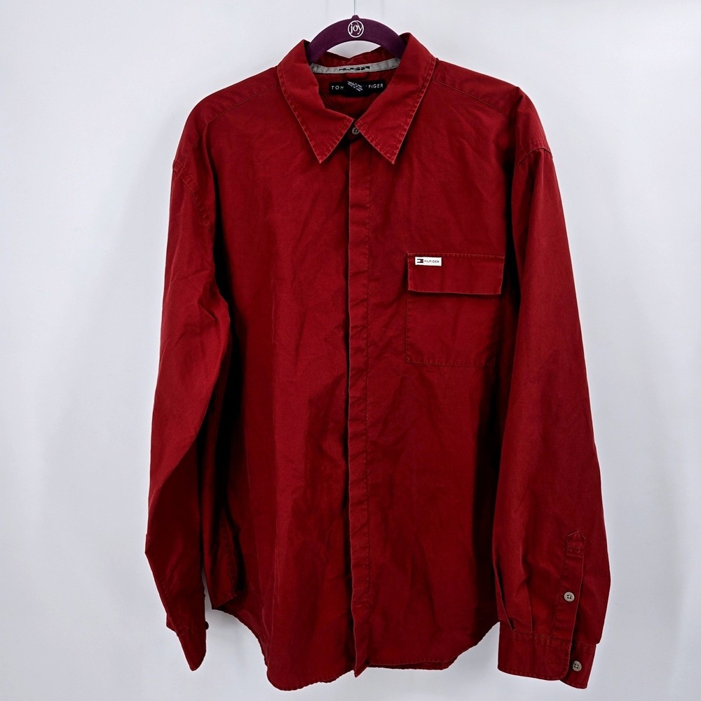 Tommy Hilfiger Vintage  Shirt XL Red‎ Long Sleeve Pocket Logo 90s Streetwear GUC